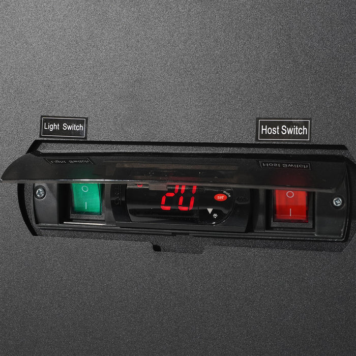 Black wall mounted three door display refrigerator with LED lighting and digital temperature display view 3