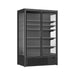 Black wall mounted display fridge with twin glass doors and LED interior lighting