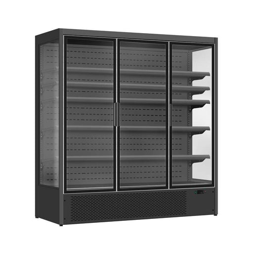 Black wall mounted three door display refrigerator with LED lighting and digital temperature display