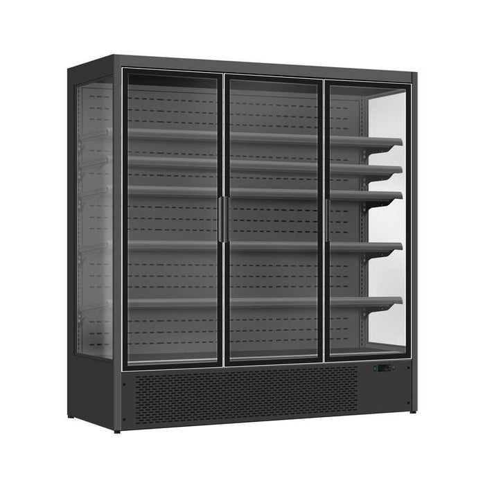 Black wall mounted three door display refrigerator with LED lighting and digital temperature display