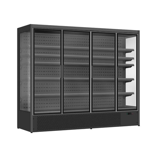 Black wall mounted display fridge with four glass doors and LED interior lighting