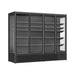 Black wall mounted display fridge with four glass doors and LED interior lighting
