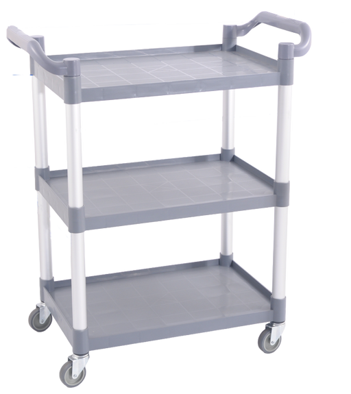 Grey plastic three shelf serving trolley with wheels and brakes