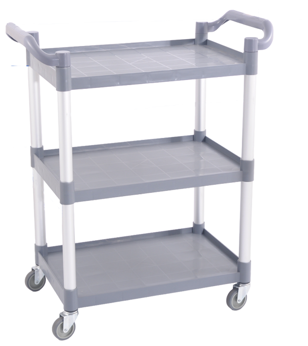 Grey plastic three shelf serving trolley with wheels and brakes