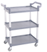 Grey plastic three shelf serving trolley with wheels and brakes