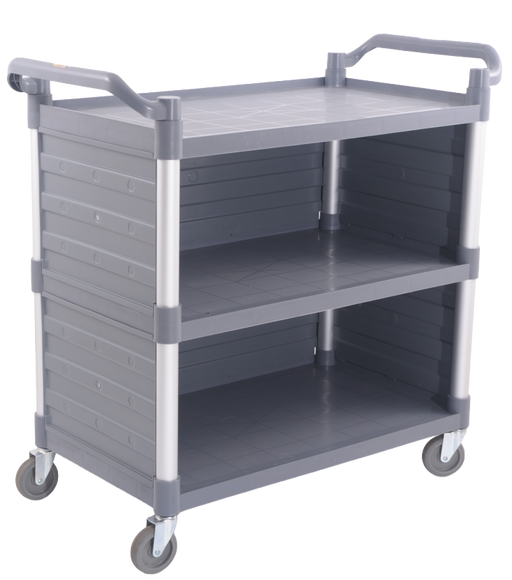 Three shelf grey serving trolley with side panels and four wheels including two brakes