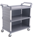 Three shelf grey serving trolley with side panels and four wheels including two brakes