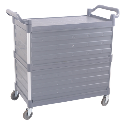 Three shelf grey serving trolley with side panels and four wheels including two brakes view 2