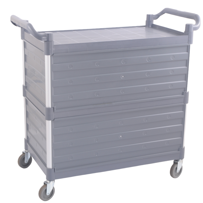 Three shelf grey serving trolley with side panels and four wheels including two brakes view 2