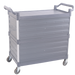 Three shelf grey serving trolley with side panels and four wheels including two brakes view 2