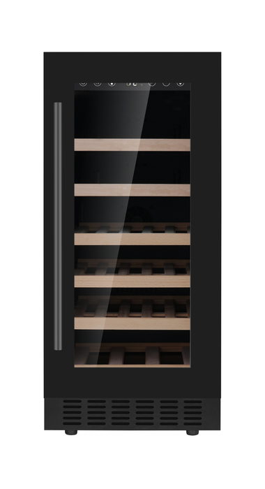 Single glass door wine cooler with LED lighting displaying wine bottles inside