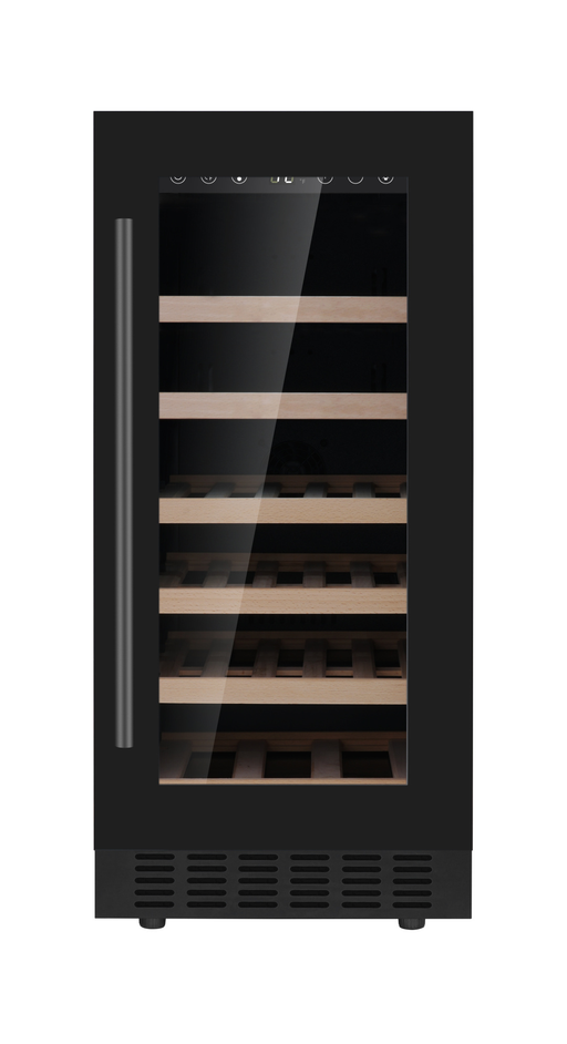 Single glass door wine cooler with LED lighting displaying wine bottles inside