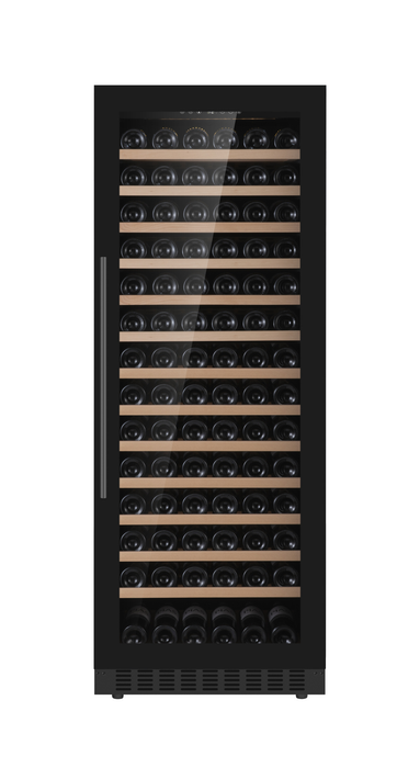 Single glass door wine cooler with LED lighting, 1604mm tall, holding wine bottles