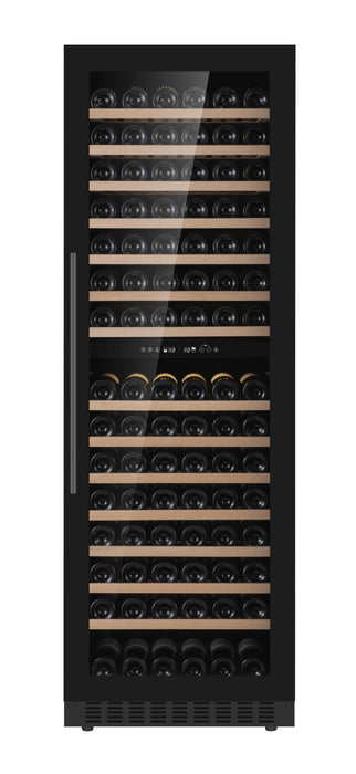 Tall single glass door wine cooler with LED lighting and dual temperature zones for red and white wine