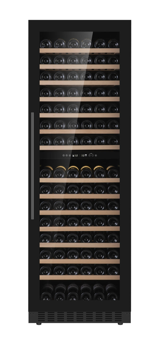 Tall single glass door wine cooler with LED lighting and dual temperature zones for red and white wine