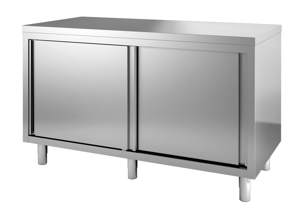 Stainless steel worktable with sliding cabinet doors, 2400mm wide