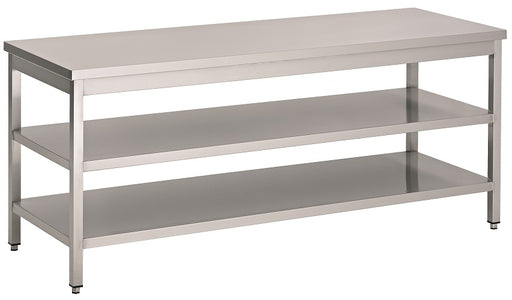 Stainless steel worktable with two shelves, 700mm wide