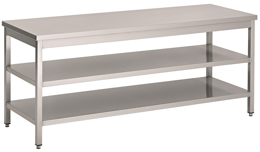 Stainless steel worktable with integrated shelf storage, 1200mm width