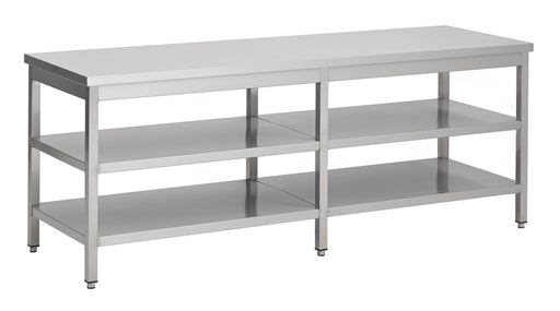 Stainless steel worktable with two shelves, 2300mm wide, front view.