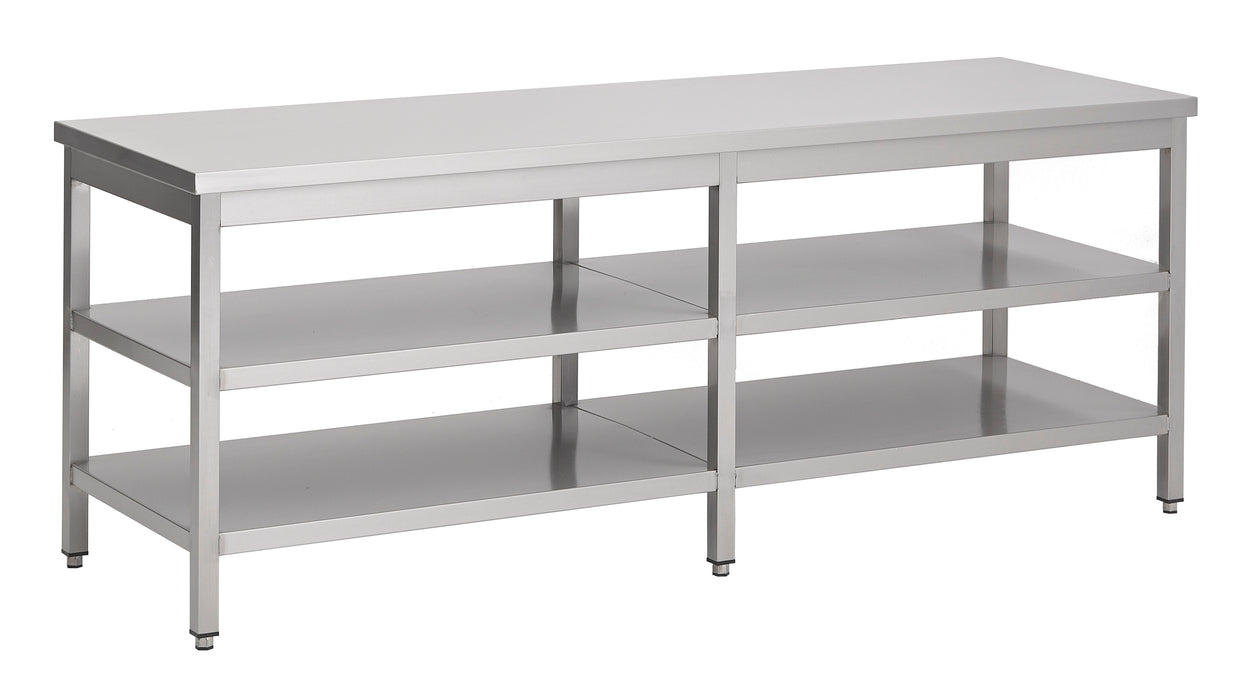 Stainless steel worktable with two middle shelves, 2200mm wide