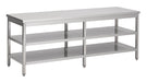Stainless steel worktable with two middle shelves, 2200mm wide
