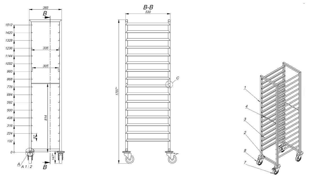 Tall stainless steel clearing trolley with multiple horizontal guides for gastronorm pans. view 2