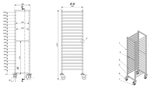 Tall stainless steel clearing trolley with multiple horizontal guide rails view 2