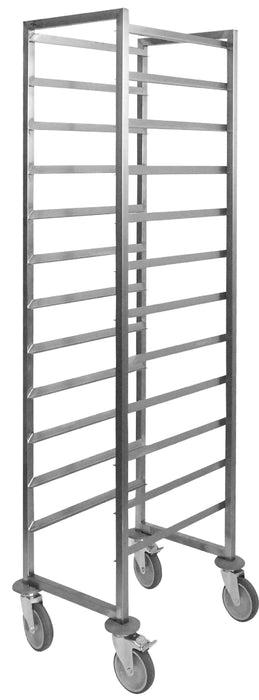 Tall stainless steel clearing trolley with multiple horizontal guide rails