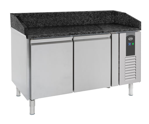 Stainless steel 2 door pizza counter with black granite work surface, front view