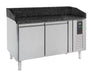 Stainless steel 2 door pizza counter with black granite work surface, front view