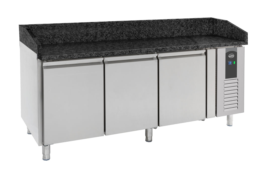 Stainless steel 3 door pizza counter with black granite work surface
