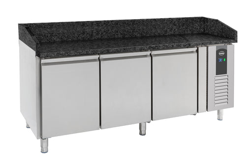 Stainless steel 3 door pizza counter with black granite work surface