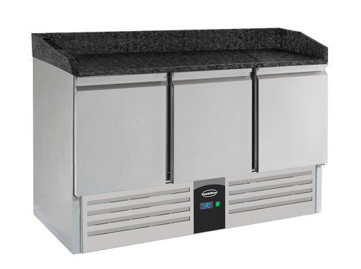 Combisteel 3 door pizza prep counter with black granite work surface and stainless steel body