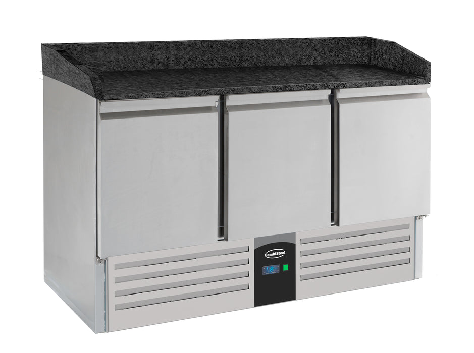 Combisteel 3 door pizza prep counter with black granite work surface and stainless steel body