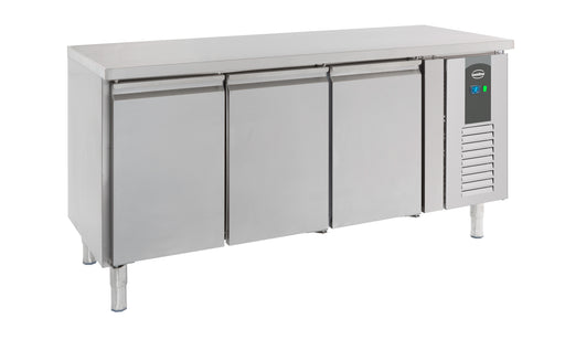 Stainless steel three door refrigerated counter with digital controls