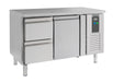 Stainless steel refrigerated counter with single door and two drawers, 1360mm wide