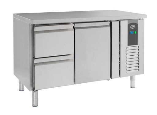 Stainless steel refrigerated counter with single door and two drawers, 1360mm wide