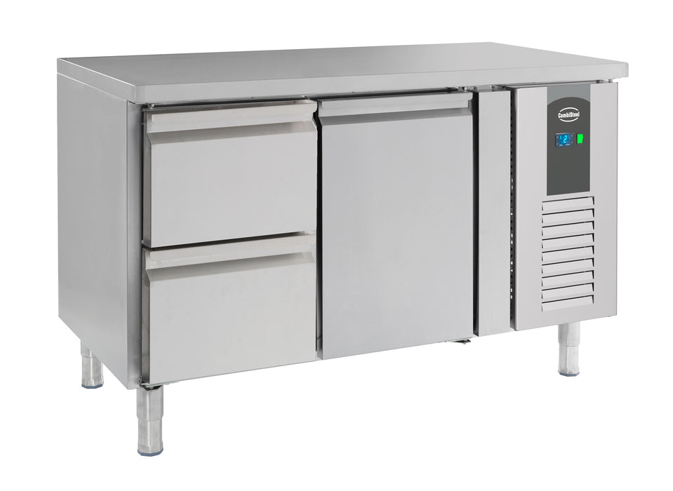 Stainless steel refrigerated counter with single door and two drawers, 1360mm wide