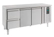 Stainless steel two door refrigerated counter with two drawers beneath, front view.