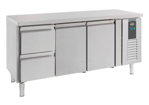 Stainless steel two door refrigerated counter with two drawers beneath, front view.