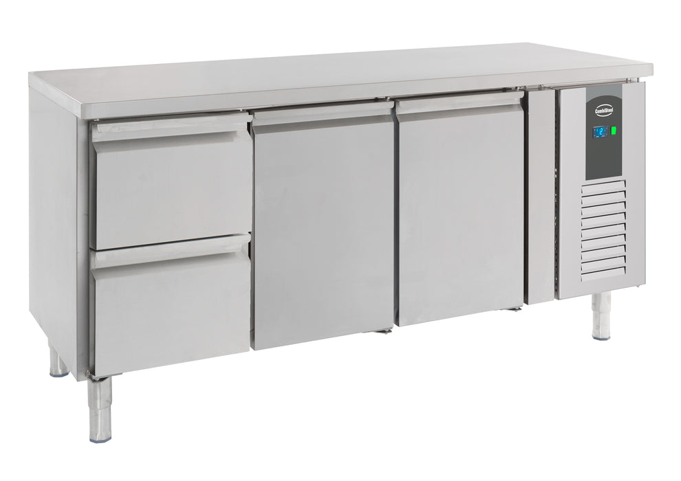 Stainless steel two door refrigerated counter with two drawers beneath, front view.