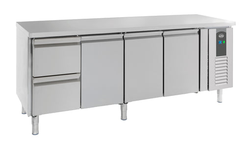 Stainless steel refrigerated counter with three doors and two drawers, 2230mm wide
