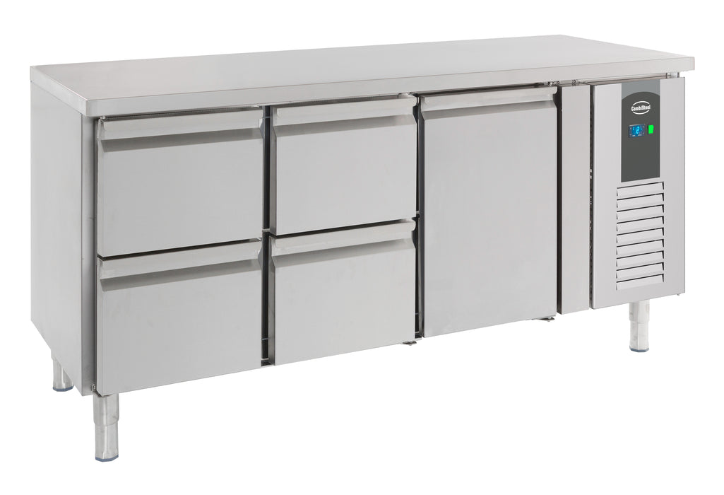Stainless steel refrigerated counter with single door and four pull-out drawers