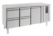 Stainless steel refrigerated counter with single door and four pull-out drawers