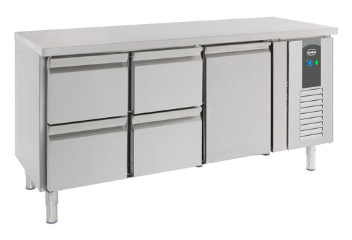 Stainless steel refrigerated counter with single door and four pull-out drawers