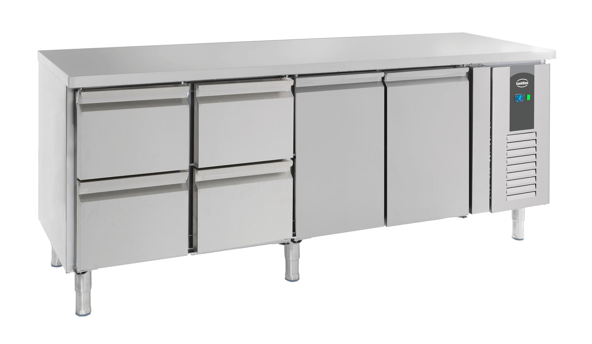 Stainless steel refrigerated counter with 2 solid doors and 4 pull-out drawers