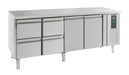 Stainless steel refrigerated counter with 2 solid doors and 4 pull-out drawers