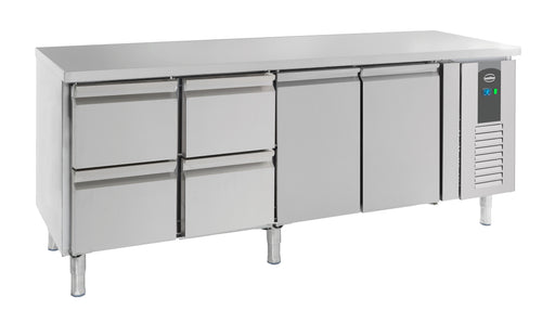 Stainless steel refrigerated counter with 2 solid doors and 4 pull-out drawers