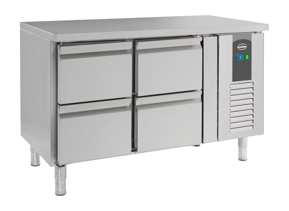 Stainless steel four drawer refrigerated prep counter with digital temperature control
