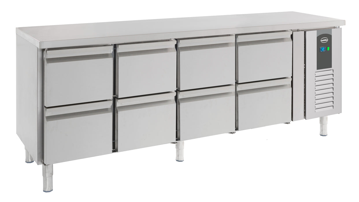 Stainless steel refrigerated counter with eight pull-out drawers